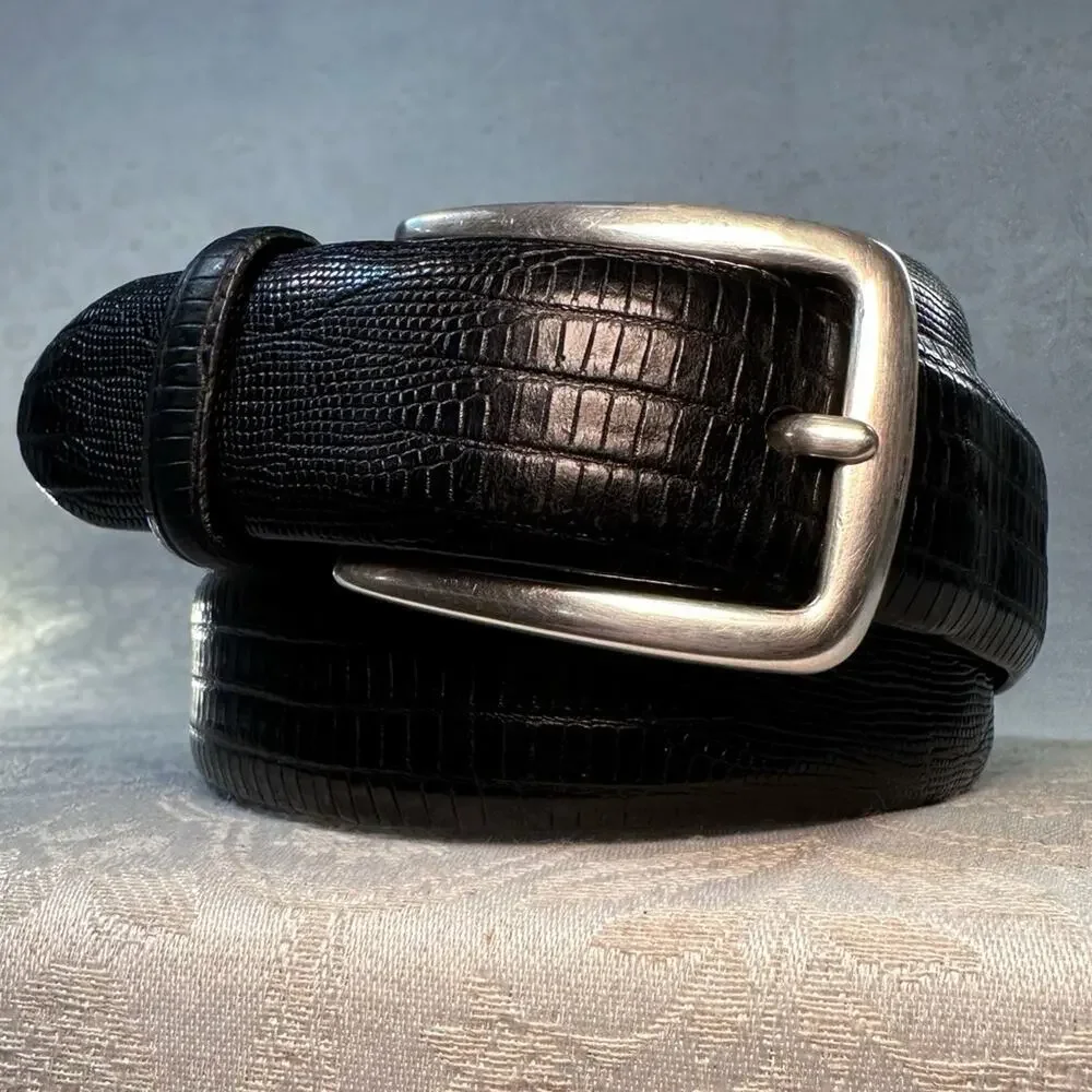 Roundtree & Yorke Black Crocodile-Embossed Italian Calfskin Solid Brass Belt